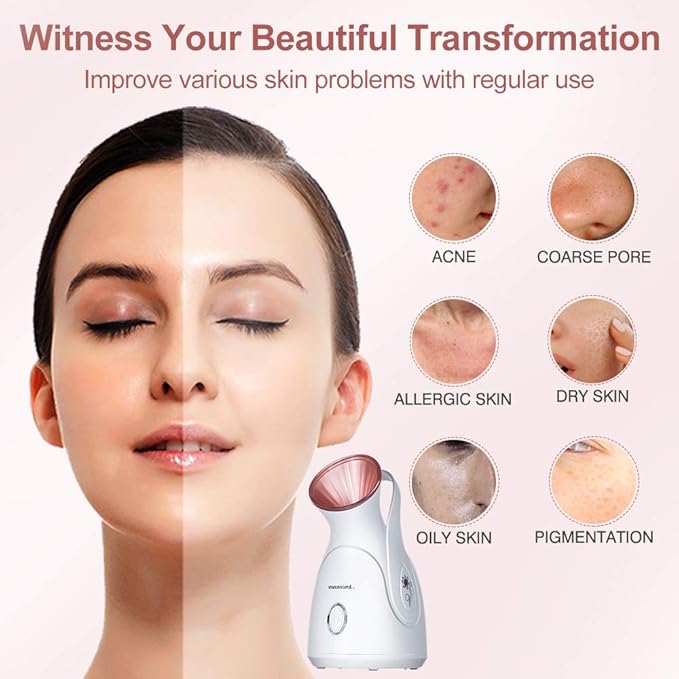 Facial Steamer, Amconsure Nano Ionic Face Steamer for Home, 100ML Warm Mist Humidifier for Women Moisturizing, Unclogs Pores-Bonus Stainless Steel Skin Kit and 2 Face Scrubbers-Velvo Beauty