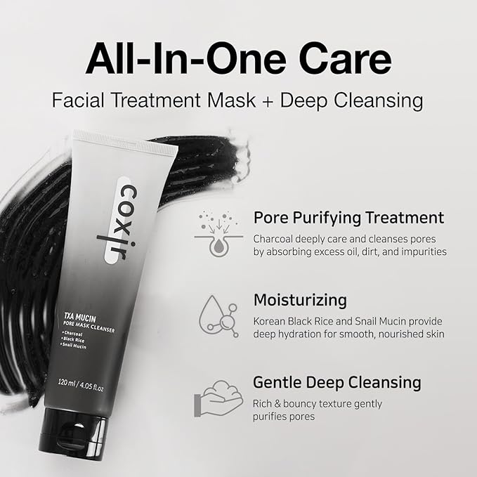 coxir TXA MUCIN ALL-IN-1 PORE MASK –Gelato Texture Wash-Off treatment | Ampoule Mask-to-Foam | Charcoal+ Snail+TXA | Blackhead Remover |Daily Pore Detox for Oily & Sensitive Skin|4.05fl.oz-Velvo Beauty