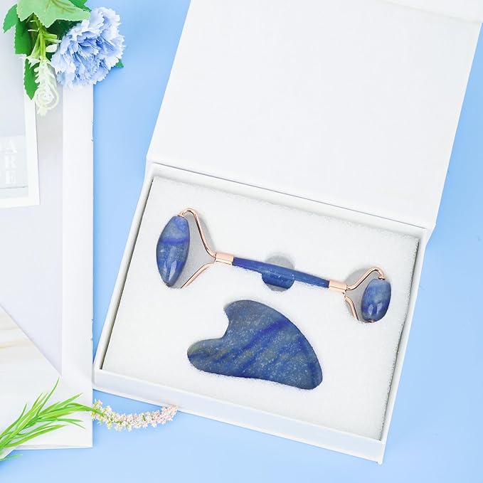 Jade Roller for Face, Facial Roller Massager Skin Care Tool, Gua Sha Facial Tools for Face, Neck, Eyes, Reduce Puffiness of The Skin(Blue)-Velvo Beauty