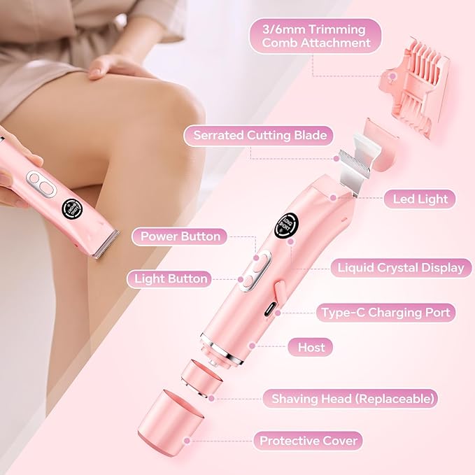 Bikini Trimmer for Women|Hair Removal Shaver - Painless Electric Razor, Cordless Body Shaver for Travel, Replaceable Lady Facial Razor|Trim Nasal/Eyebrows, IPX7 Waterproof&Easy Cleaning, Ceramic Blade-Velvo Beauty