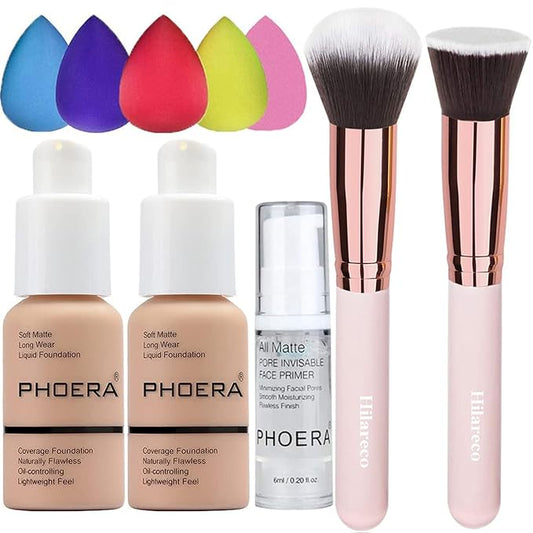 2 Pack PHOERA Foundation Warm Peach 103 and Face Primer,Liquid Full Coverage Foundation Set,Foundation Brush Powder Brush,5 Makeup Sponge, 24HR Matte Oil Control Concealer (103- Warm peach)-Velvo Beauty