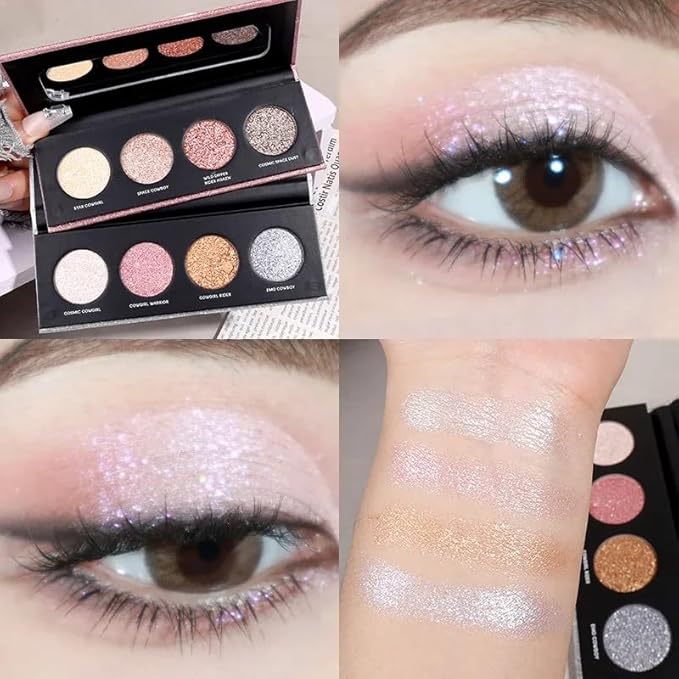 Shiny Shimmer Highlight Eye shadow Palette 4 Colors, Cosmetics Shimmer Eyeshadow Palette, Cruelty-Free and Vegan Formula, Glitter Shimmer Eyeshadow for Professional Makeup Kit (B#), Sparkly02-Velvo Beauty