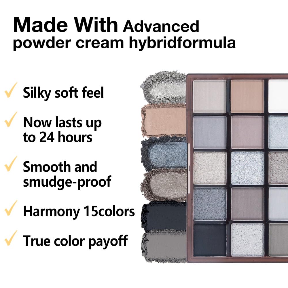 Smokey Black Eye Shadow Makeup Palette,15 Colors Gray Silver Dark Shimmer Matte Makeup Pallet,Long Lasting Waterproof Blendable for Daily and Halloween,Vegan,Cruelty -free-Velvo Beauty