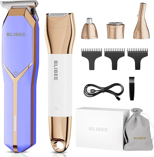 Hair Clippers & Bikini Trimmer for Women - Waterproof Electric Clippers and 4 in 1 Bikini Trimmer Set, Deluxe Wet/Dry Body Shaver for Nose, Eyebrows, Beard, Pubic Hair, Blue-Velvo Beauty