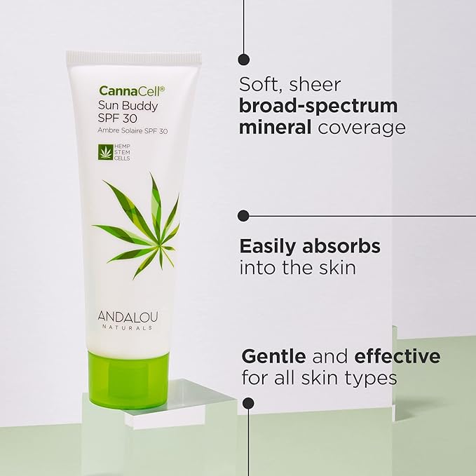 Andalou Naturals Face Sunscreen, CannaCell Sun Buddy SPF 30 with Hemp Stem Cells, Moisturizing Facial Lotion, Broad Spectrum Protection with Non-Nano Zinc Oxide, Reef Safe Sunscreen, 2.7 Fl Oz-Velvo Beauty