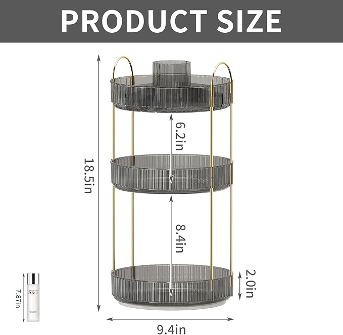 360° Rotating Makeup Organizer, Large-Capacity Skincare Make Up Storage 3 Tier Perfume Organizers Cosmetic Dresser Organizer with Makeup Brush Holder, Fits Bedroom, Bathroom, Vanity Shelf Countertop-Velvo Beauty