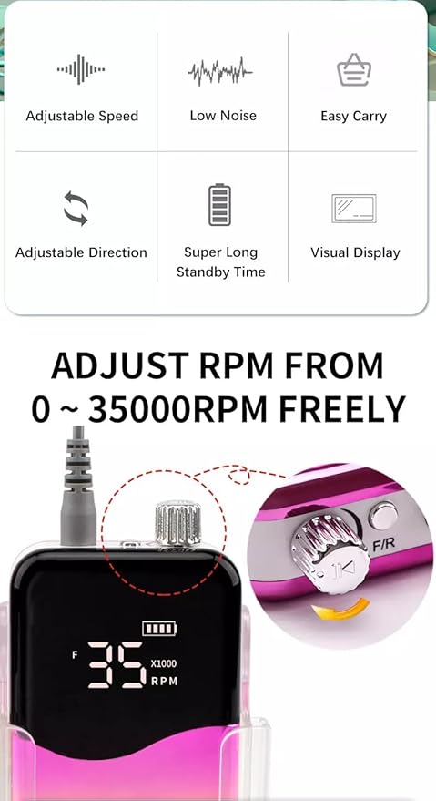 M Mase- Professional Nail Drill Machine - Coreless 2-in-1 Nail File - Electric, Cordless, 35000 RPM, HD Display - Electric Nail Drill for Professional & Home Use (Metallic Gold)-Velvo Beauty