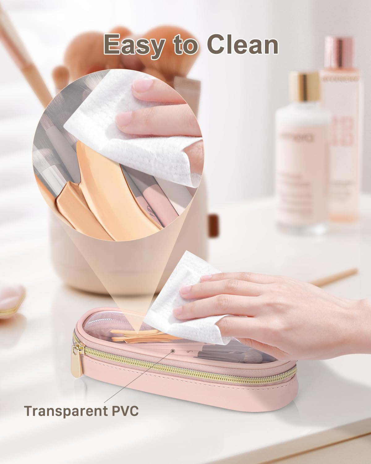 Clear Travel Makeup Brush Holder, Leather Makeup Brush Toiletry Bag, Portable Cosmetic Brush Case, Transparent Waterproof Makeup Brush Storage Bag, Pink, Large-Velvo Beauty