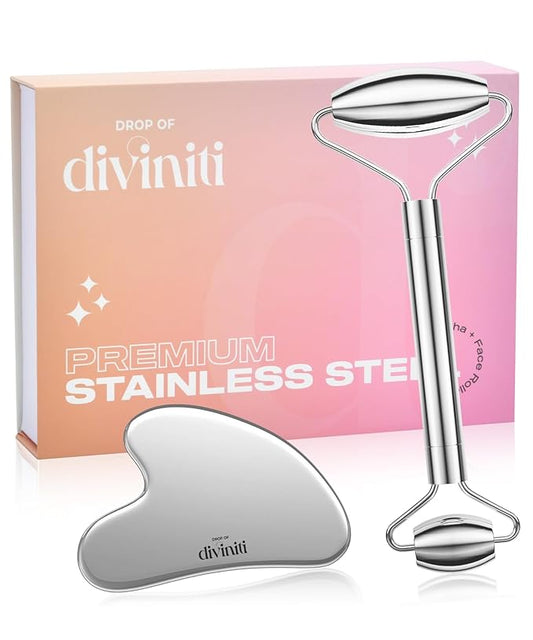 Stainless Steel Face Roller - Premium Gua Sha Facial Tools Stainless Steel GuaSha Tool and Face Roller Set - Gua Sha Stainless Steel Gua Sha Tool - Metal Face Roller and Gua Shua Set - Spa Gifts-Velvo Beauty