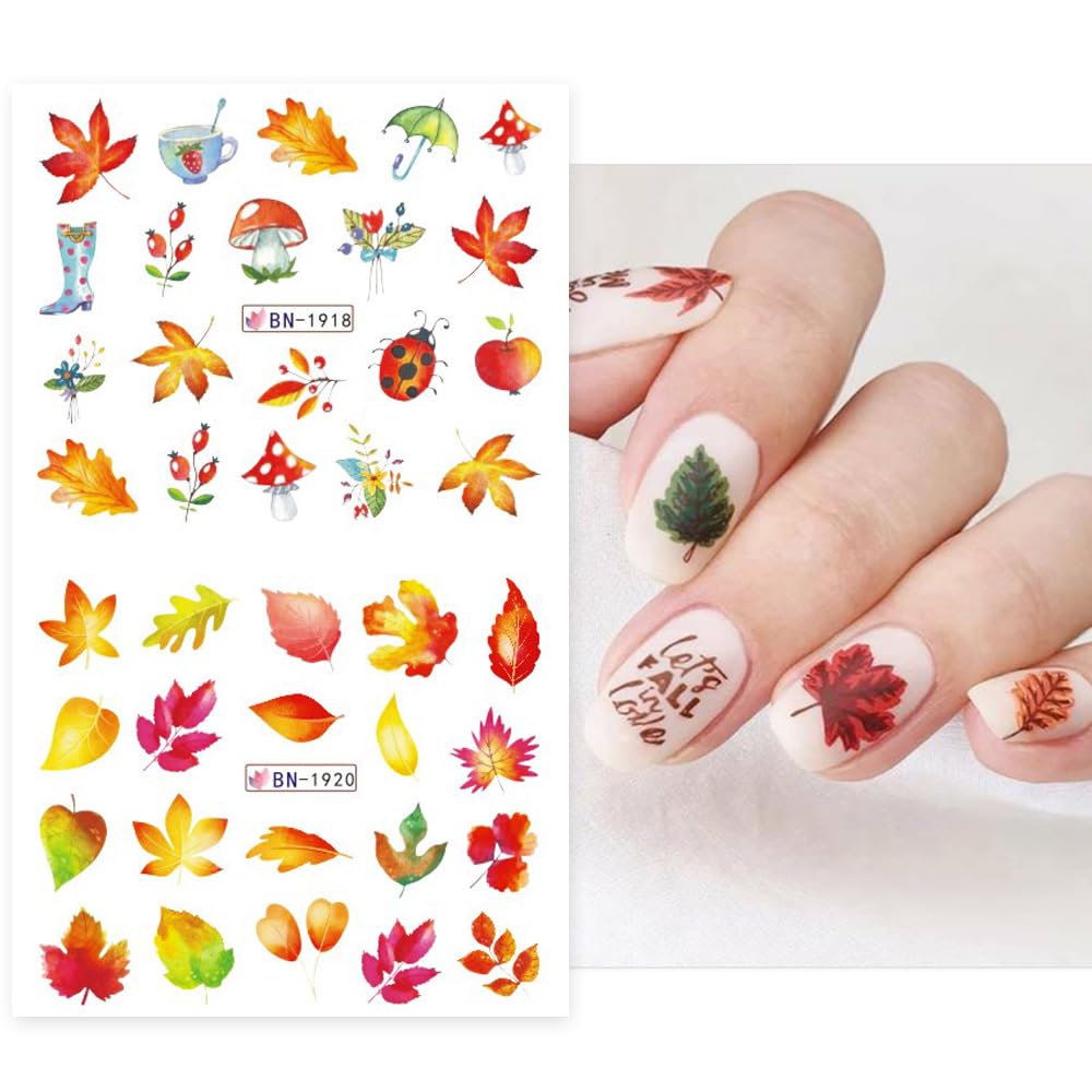 Fall Maple Leaf Nail Art Stickers Autumn Nail Art Water Decals Transfer Nail Supplies Maple Leaves Turkey Pumpkin Design Slider Sticker for Women Acrylic Nail Fall Thanksgiving Nail Decorations 12 PCS-Velvo Beauty