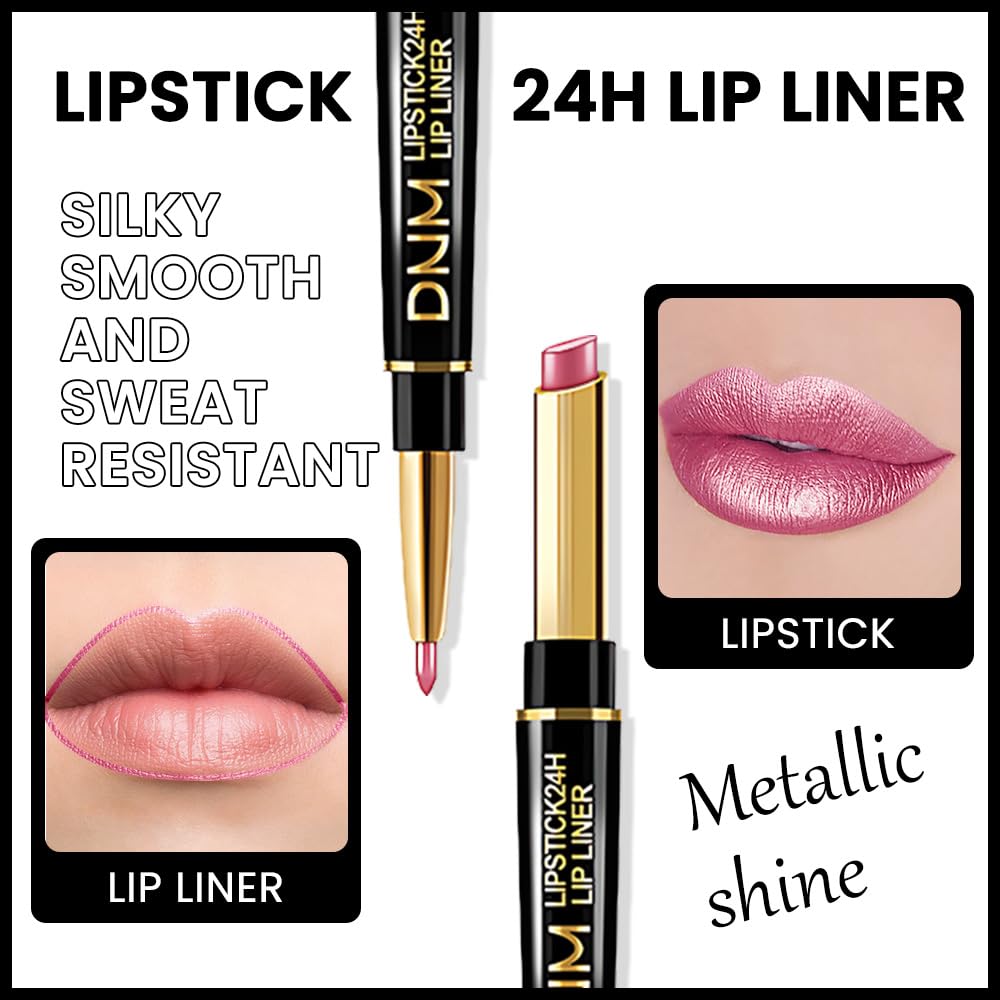 Kaely 2-in-1 Rose Pink Metallic Shine Shimmer Lip Liner & Lipstick Combo Set Kit for Women, Lightweight Hydrating Formula High Impact Full Coverage Lipstick and Lip Liner Makeup Stains Gloss 21-Velvo Beauty