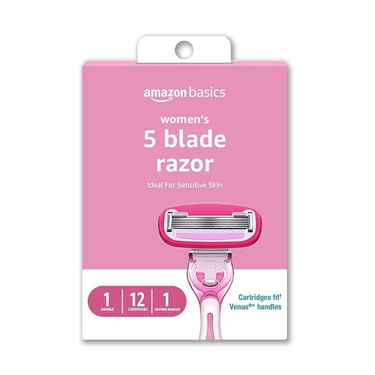 Amazon Basics Women's 5 Blade FITS Razor for Women, FITS Amazon Basics Handle and Venus Handles, Includes 1 FITS Handle, 12 Cartridges & 1 Shower Hanger-Velvo Beauty