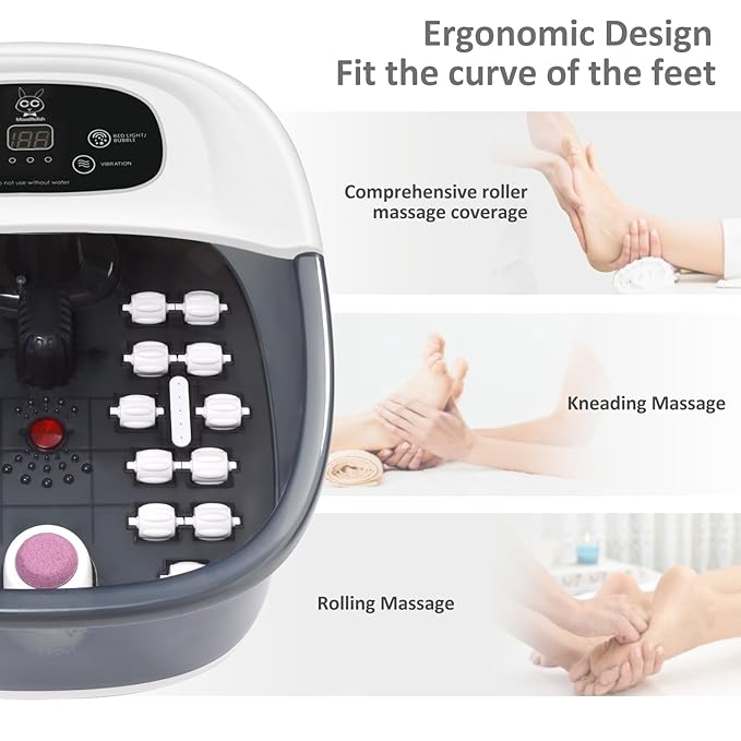 Foot Spa Bath Massager with Heat Bubbles and Vibration Massage and Jets, 16 OZ Calming Lavender Foot Soak Epsom Salt, Foot Soaker with Red Light, 22 Massage Rollers, Adjustable Temp - Grey-Velvo Beauty