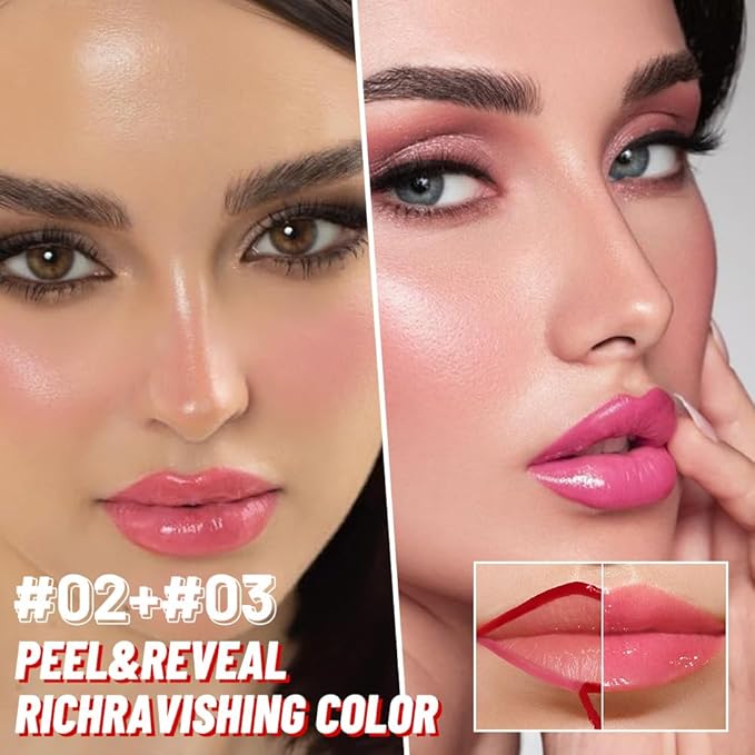 2Pcs Lip Stain Peel Off Lip Gloss oil Dual-Ended Combo, Lips Liner Stain Peel Off Masque, Long Lasting & Waterproof, Transfer-Proof Lip Tint Stain with Lip oil for All Skin Type 02#+03#-Velvo Beauty