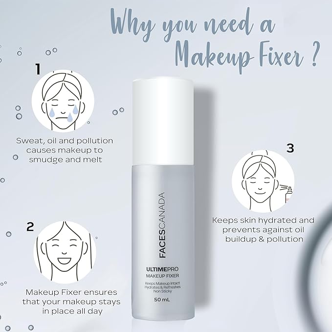 Faces Canada UltimePro Makeup Fixer Spray | Keeps Makeup Intact & Long-Lasting | Hydrating, Non-Sticky Mist for Fresh Finish | Lightweight & Refreshing | 1.69 Fl Oz (50ml)-Velvo Beauty
