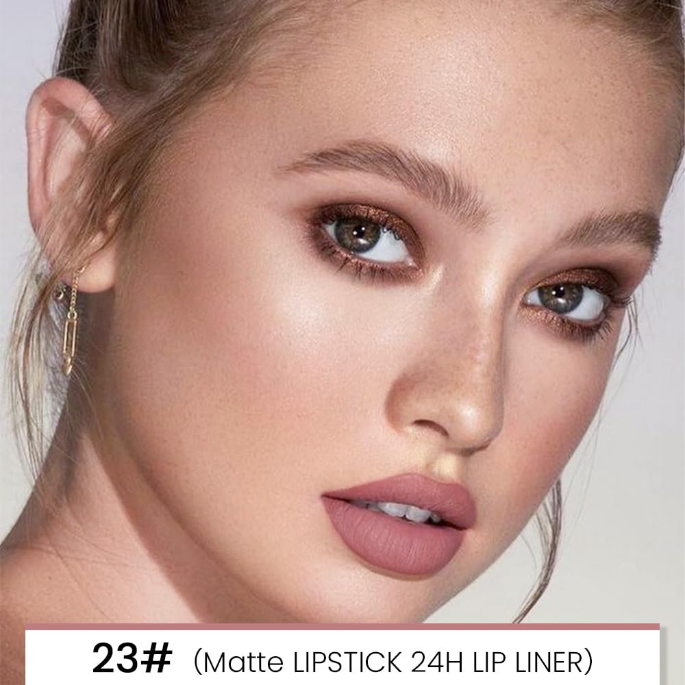Kaely 2-in-1 Light Nude Beige Matte Lip Liner & Lipstick Combo Set Kit for Women, Magic Neutral Lipstick 24 Hours Original Lips Liner Pencil Stain Makeup Long Lasting Waterproof 23-Velvo Beauty
