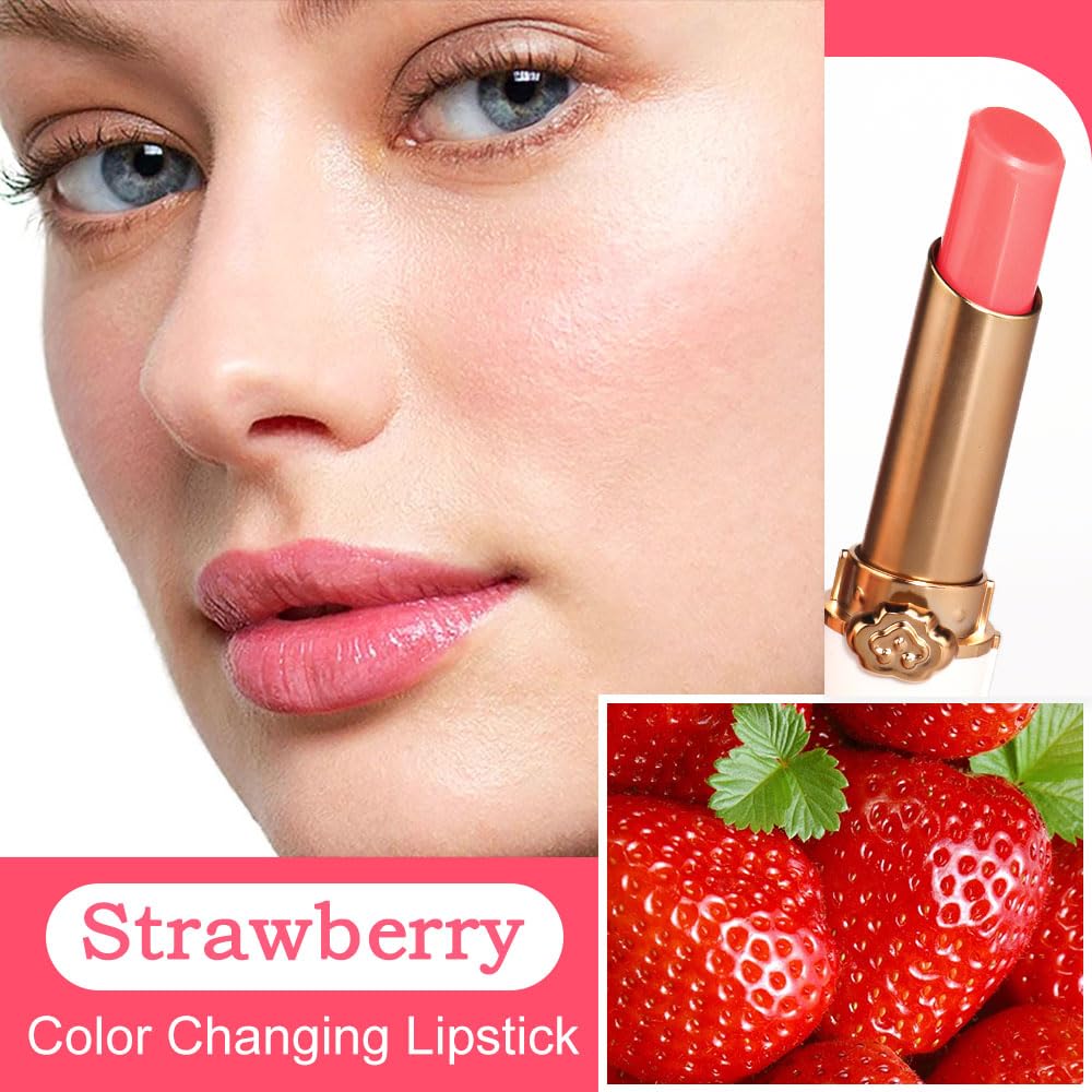 Kaely 2Pcs Strawberry Hydrating Lipstick Tinted Lip Balm, Color Changing PH Lipstick Makeup, Korean Magic Lip Stain Long Lasting Waterproof, labiales magicos 24 horas originales-Velvo Beauty