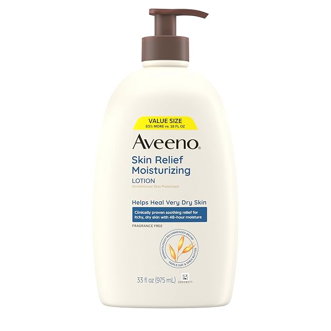Aveeno Skin Relief Moisturizing Lotion for Very Dry, Itchy, Dry Skin, Body Moisturizer, Soothing Triple Oat & Shea Butter, Fragrance-Free, Non-Greasy, 33 fl oz-Velvo Beauty