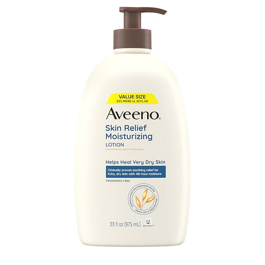 Aveeno Skin Relief Moisturizing Lotion for Very Dry, Itchy, Dry Skin, Body Moisturizer, Soothing Triple Oat & Shea Butter, Fragrance-Free, Non-Greasy, 33 fl oz-Velvo Beauty