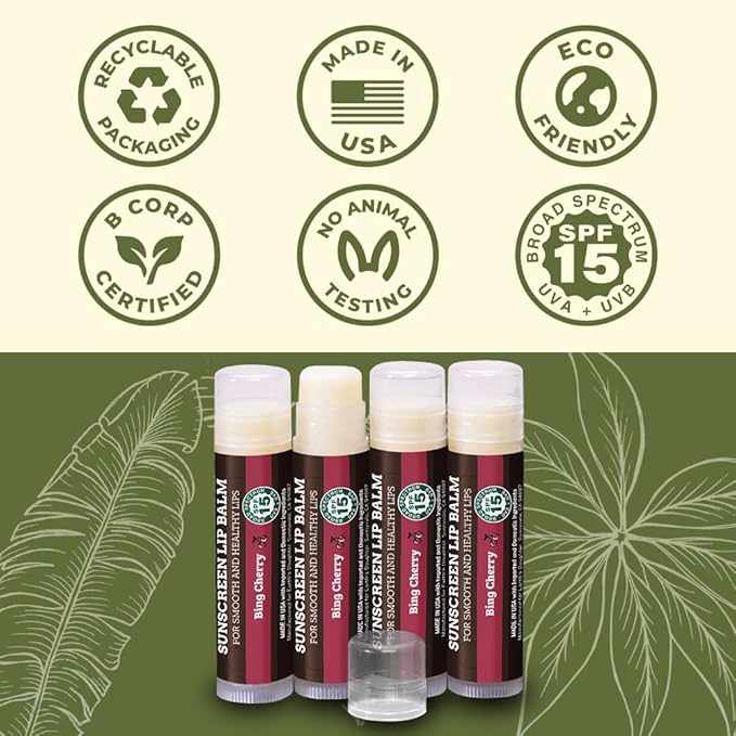 SPF Lip Balm 4-Pack by Earth's Daughter - Lip Sunscreen, SPF 15, Organic Ingredients, Cherry Flavor, Beeswax, Coconut Oil, Vitamin E - Hypoallergenic, Paraben Free, Gluten Free-Velvo Beauty