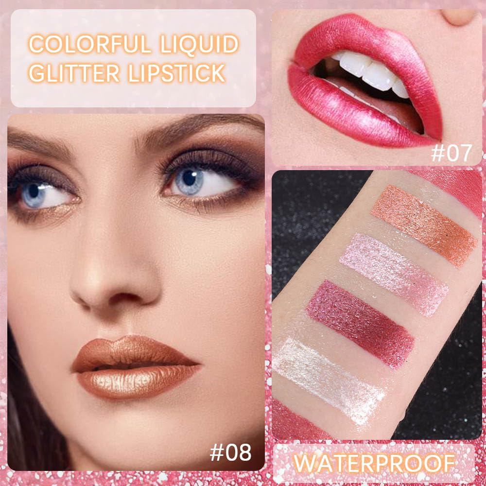 evpct 6Pcs Rose Bronze Gold Nude Pink White Dark Maroon Red Metallic Shimmer Glitter Lip Gloss Liquid Lipstick Set for Women Long Lasting Waterproof 24, Pearlescent Sparkly Glossy Lipsticks Lip Makeup-Velvo Beauty