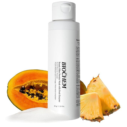 BIOCHEM Beauty Filter Powder Face Wash with Fruit Enzyme, Daily Wash with Papaya & Pineapple Enzyme, Gentle Plant-Based Low pH Exfoliator Cleanser for Women & Men, Sensitive Skin (1.59 fl oz / 45 g)-Velvo Beauty