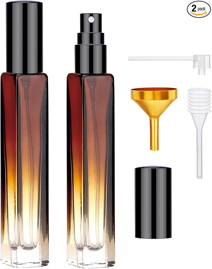 Segbeauty Empty Atomizer, 2pcs 10ML Travel Size Refill Bottle with Funnel and Dropper, Portable Glass Spray Bottle Cologne Dispenser Toiletries Sample Bottles Perfume Making Kit Amber-Velvo Beauty