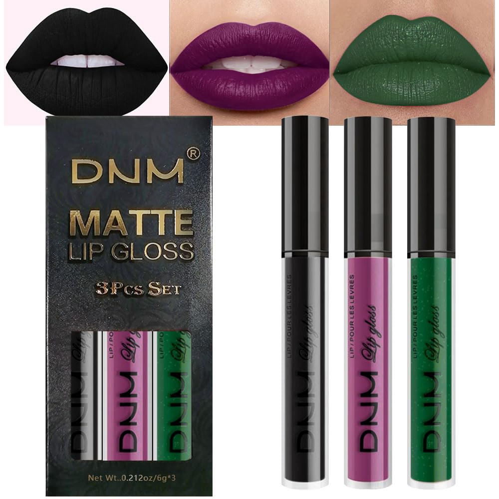 evpct 3Pcs Dark Black Grape Plum purple Emerald Green Matte Liquid Lipstick Lip Stain Sets for Women Matte+Lipstick Long Lasting 24 hr Hours Magic Lipstick 24 Hours original Waterproof 18#-Velvo Beauty