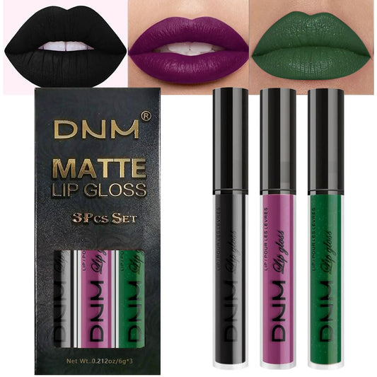 evpct 3Pcs Dark Black Grape Plum purple Emerald Green Matte Liquid Lipstick Lip Stain Sets for Women Matte+Lipstick Long Lasting 24 hr Hours Magic Lipstick 24 Hours original Waterproof 18#-Velvo Beauty