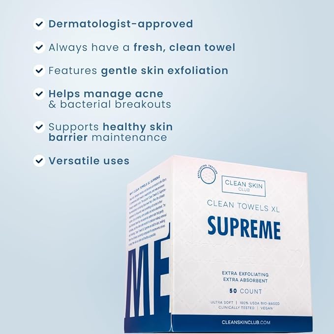 Clean Skin Club Clean Towels XL™ Supreme, 100% USDA Biobased Dermatologist Approved Face Towel, Gentle Exfoliation, Disposable Facial Washcloth, Makeup Remover Dry Wipes, 50 Count-Velvo Beauty