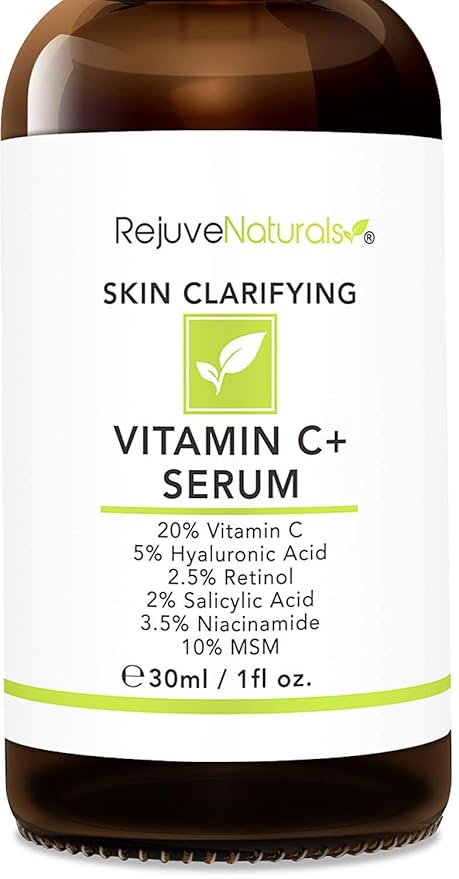 Vitamin C Serum Plus 5% Hyaluronic Acid, 2.5% Retinol, 2% Salicylic Acid, 3.5% Niacinamide, 10% MSM, 20% Vitamin C - Anti Aging Anti Wrinkle Skin Clearing Serum Organic Skin Care for Face and Eyes 1oz-Velvo Beauty