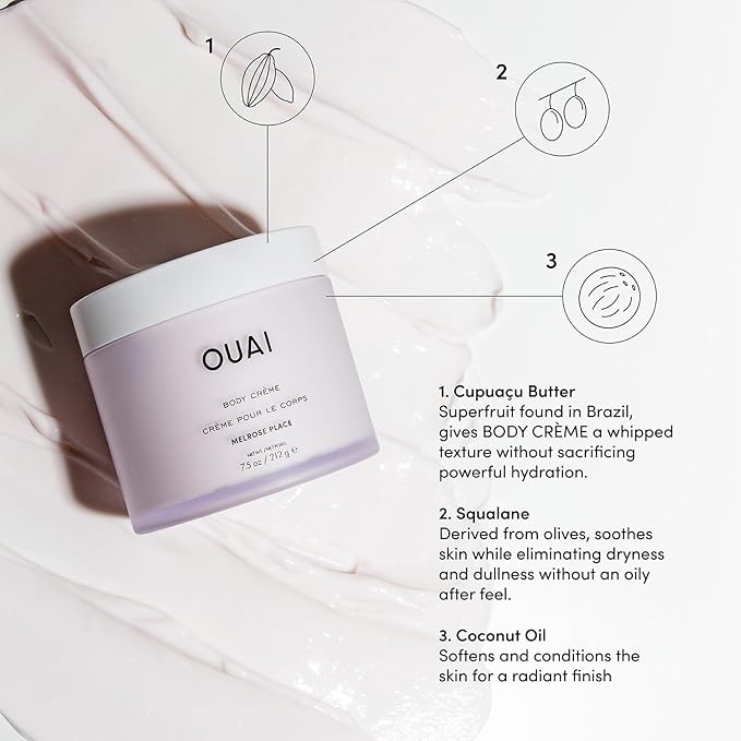 OUAI Body Cream, Melrose Place - Hydrating Whipped Body Cream with Cupuaçu Butter, Coconut Oil and Squalane - Softens Skin and Delivers Healthy-Looking Glow - Sulfate Free Skin Care (7.5 Oz)-Velvo Beauty