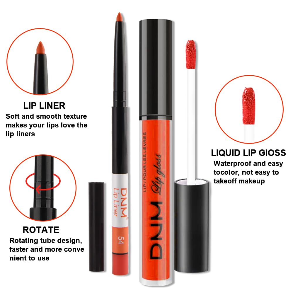 evpct 2Pcs Orange Light Fire Red Matte Liquid Lipstick Lip Gloss Stain and Retractable Lip Liner Makeup Set for Women Long Lasting Waterproof 24 Hours Lipstick labial mate larga duracion 24 54#-Velvo Beauty