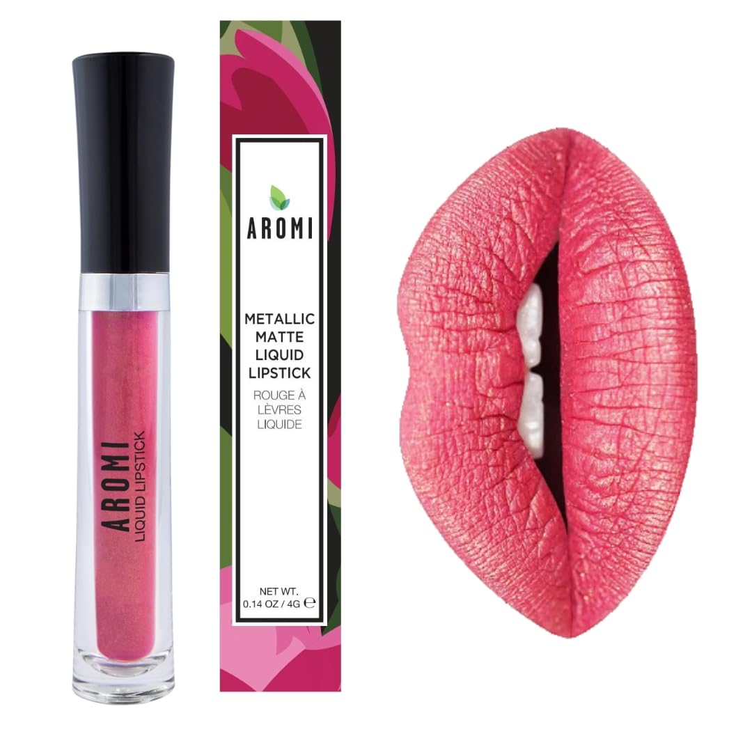 Aromi Metallic Liquid Lipstick | Peachy Pink, Coral Lip Color with Shimmery Finish, Long-lasting, Vegan, Cruelty-free, Smudge Proof, Gluten Free (Rose Gold)-Velvo Beauty