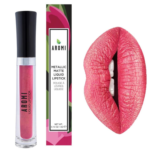 Aromi Metallic Liquid Lipstick | Peachy Pink, Coral Lip Color with Shimmery Finish, Long-lasting, Vegan, Cruelty-free, Smudge Proof, Gluten Free (Rose Gold)-Velvo Beauty