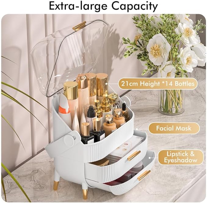 Makeup Organizer Skincare Organizers - Cosmetic Display Cases with Transparent Cover, SkinCare Organizers for Bathroom Countertop, Bedroom Vanity Desk, Lipstick Organizer, White-Velvo Beauty
