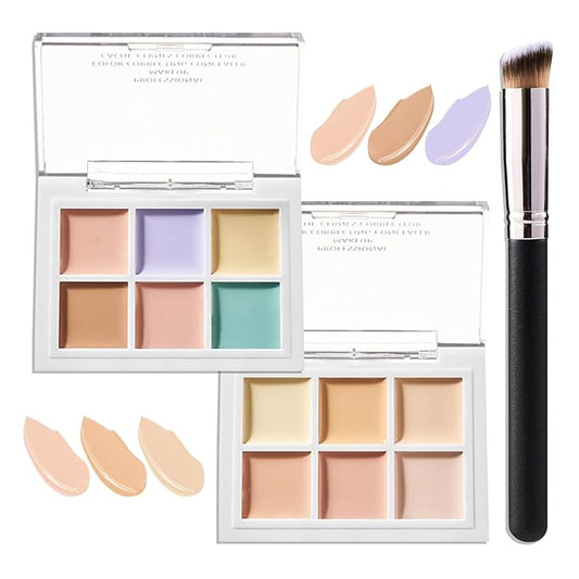 12 Colors Correcting Concealer Contour Makeup Palette, 6 in 1 Color Corrector Palette,Highlighting Concealer Palette Contouring Liquid Foundation Makeup Kit with Brush(2PCS)-Velvo Beauty