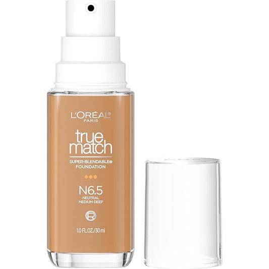 L'Oreal Paris True Match Super-Blendable Foundation, Medium Coverage Liquid Foundation Makeup, N6.5, Medium Deep, 1 Fl Oz-Velvo Beauty