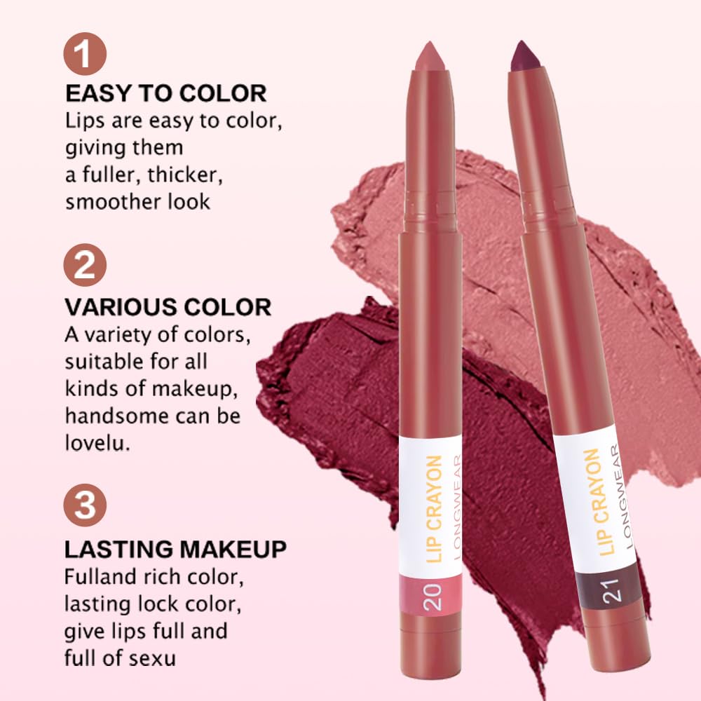 BINGBRUSH Matte Lip Crayon Set – Longwear, Waterproof, Velvet Finish, Built-in Sharpener, Smooth Lip Liner & Gloss (20#+21#, 2 Count (Pack of 1))-Velvo Beauty