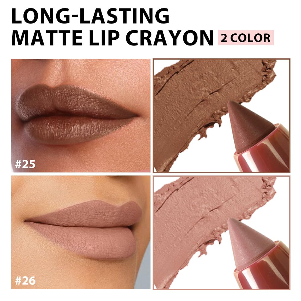 BINGBRUSH Matte Lip Crayon Set – Longwear, Waterproof, Velvet Finish, Built-in Sharpener, Smooth Lip Liner & Gloss (25#+26#, 2 Count (Pack of 1))-Velvo Beauty