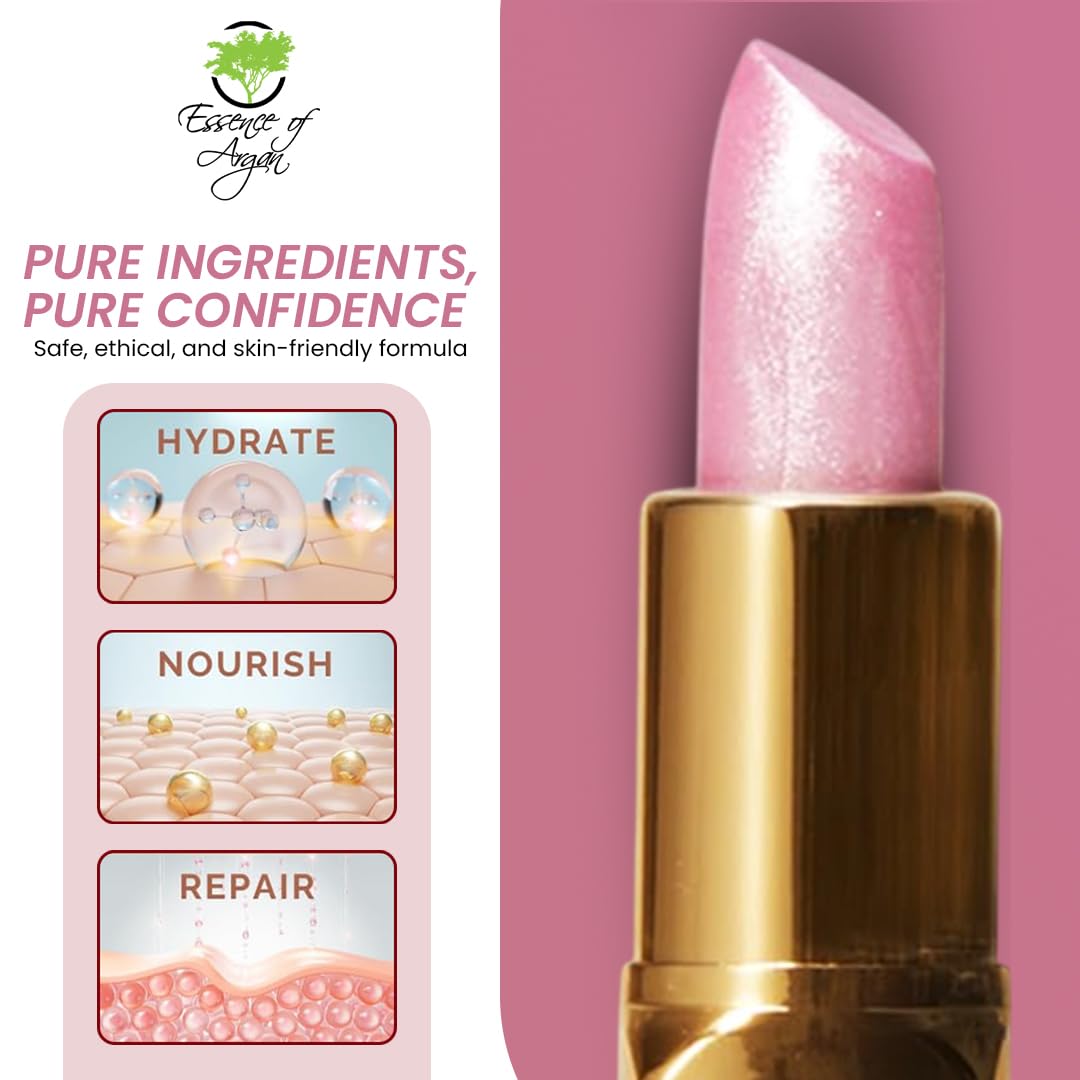 Essence Of Argan Pink Lip Stick for Cracked and Dry Lips - 100% Pure Argan Oil, Shea Butter, Jojoba Oil & Aloe Vera - Hydrating Long Lasting Lipstick - Deep Moisturizing Pink LipStick for Women-Velvo Beauty