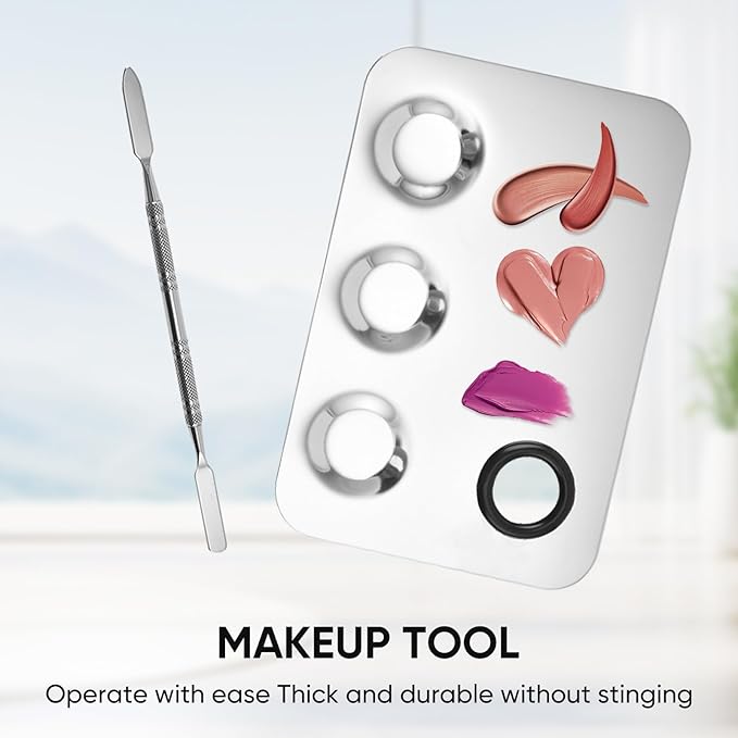 Stainless Steel Cosmetic Palette with Spatula, 3-well Mixing Makeup Palette and 3-dents Nail-art Mixer Metal Tray, also Fine Eyeliner Brush and Powder Puffs .Professional Makeup Palette with Spatula-Velvo Beauty