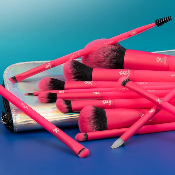MODA Totally Electric Neon Full Face Makeup Brush Kit – 13pc Vibrant Brush Set for Face & Eyes with Zip Case (Neon Pink)-Velvo Beauty