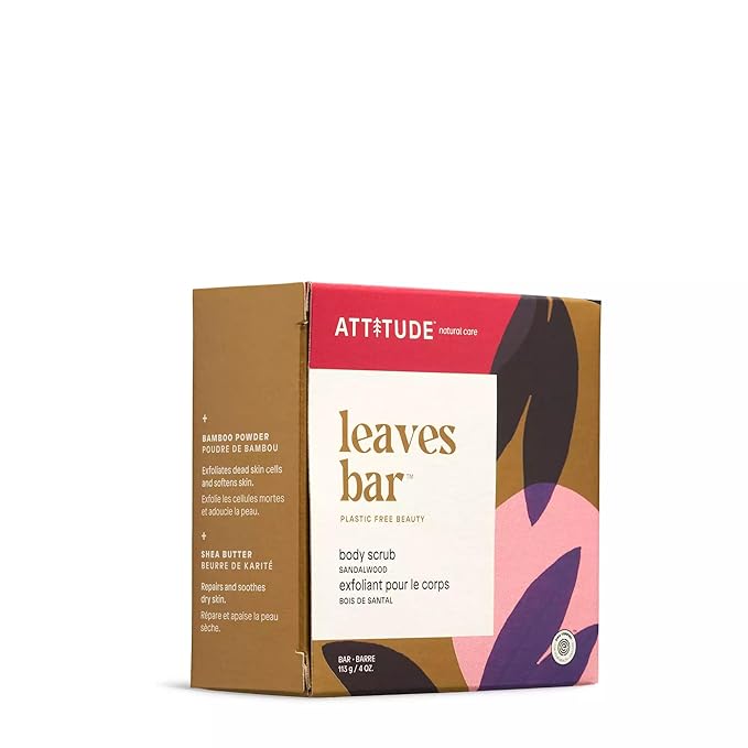 ATTITUDE Body Scrub Bar, Natural Origin, Gentle Exfoliator for Body and Foot, Nourishes and Softens Skin, Bamboo Powder & Shea Butter, EWG verified & Vegan, Sandalwood, 4 Oz-Velvo Beauty