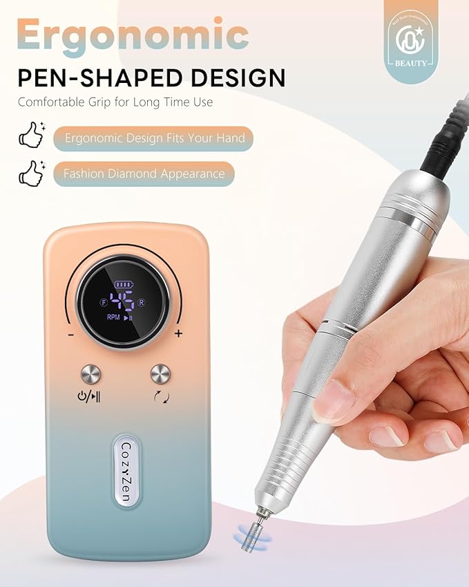 CozyZen Cordless Nail Drill Professional: 45000 RPM Rechargeable Electric Nail File Kit, Portable & Low Noise for Acrylic, Gel Nails, Manicure & Pedicure - Salon & Home Use-Velvo Beauty