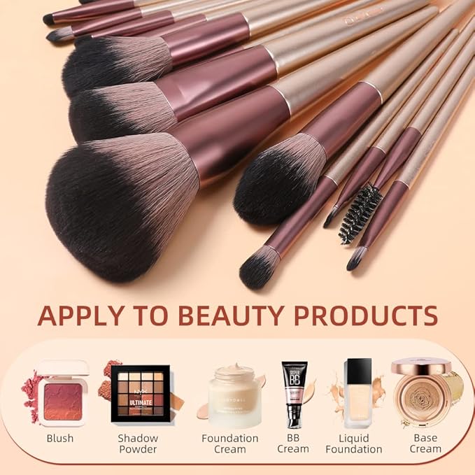 DUcare Makeup Brushes with Bag - 14Pcs Professional Synthetic Make Up Brushes Set for Blush Concealer Foundation Bronzer Powder Eyebrow Eyeshadow Blending Makeup Brush Set Mekaup bag, Rose Golden-Velvo Beauty