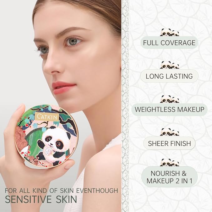CATKIN Panda Land Full Coverage Cushion Fondation, Breathable Hydrating Nourishing Poreless Face Makeup Save for Sensitive Skin,Sheer Finish (W11 Light)-Velvo Beauty