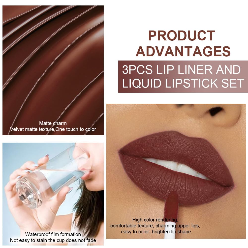evpct 3Pcs Chocolate Nude Brown True Nude Matte Lip Liner & Liquid Lipstick Stain Makeup Set for Women, Lip Liner Stain Long Lasting Waterproof Smudge Proof, Cruelty Free Lip Makeup 24 hours originale-Velvo Beauty