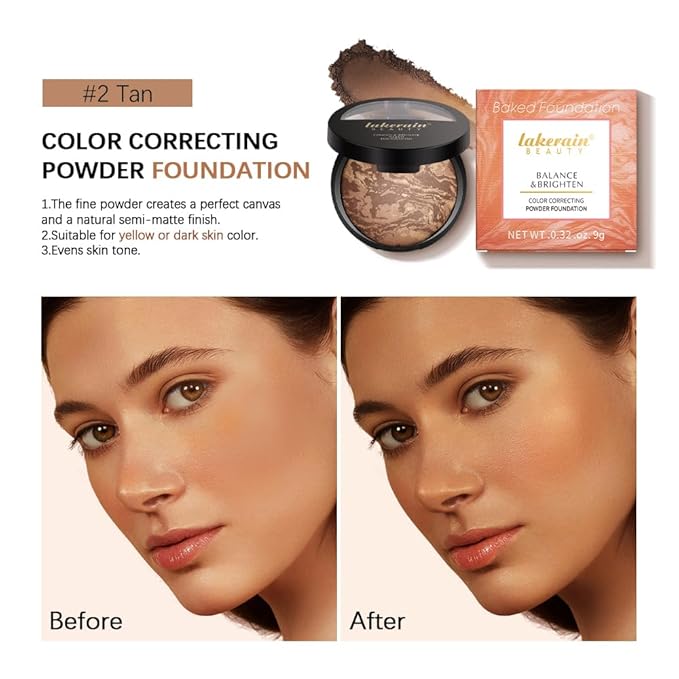 Baked Brighten Foundation, Coror Correcting Baked Balance Foundation,Buildable Coverage, Lightweight Powder Foundation, Creates a Perfect Canvas and a Natural Semi-Matte Finish(02# Tan)-Velvo Beauty