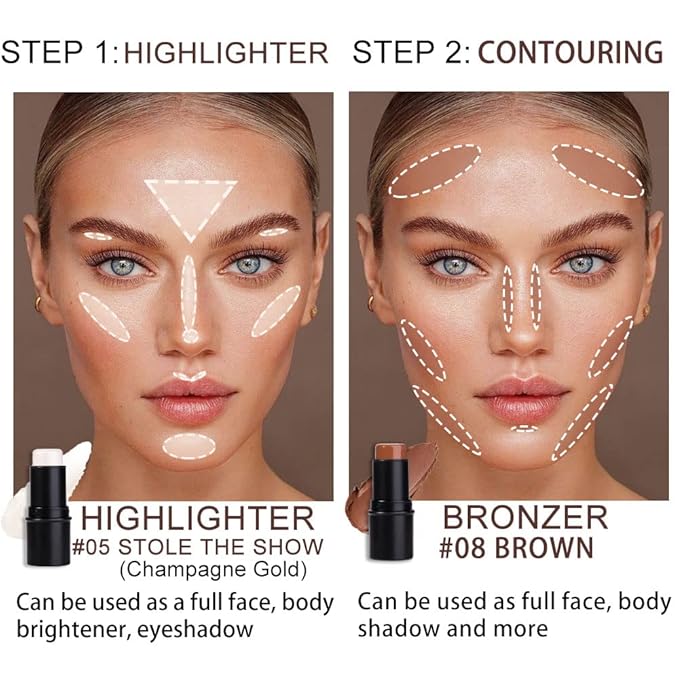evpct 2Pcs Face Cream Contour Sticks Makeup Highlighter Highlight Brown Creme Cheek Contour Sticks contorno en crema Bronzer Bronzing Foundation Stick Kit Powder Shadow Shading Face Contour 05&08-Velvo Beauty